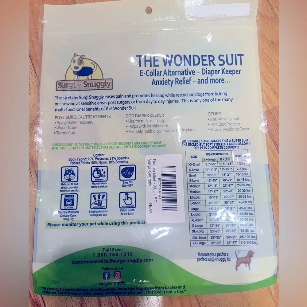 Surgisnuggly The Wonder Suit for dogs cats pets blue size XL-long 60-80 pounds
